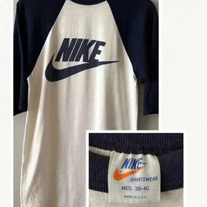 VTG Nike Big Logo Spell 3/4 Sleeve White & Navy Baseball T-Shirt 70s Orange Tag